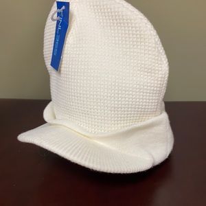 Cream colored beanie with visor